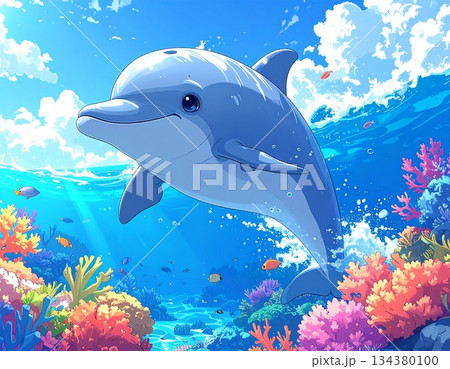 可愛いイルカのアニメ風イラスト 134380100