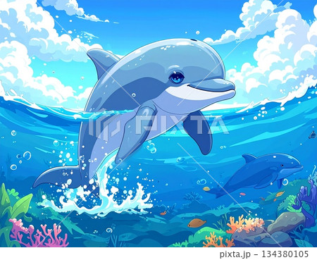 可愛いイルカのアニメ風イラスト 134380105