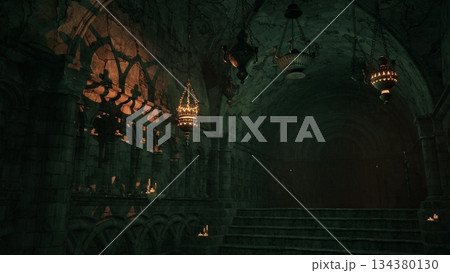 Mysterious stone arches tower over a dimly lit cavern, where flickering candles cast dancing shadows. Lanterns hang above, enhancing the enchanting and eerie ambiance of this underground space. Mysterious stone arches tower over a dimly lit cavern, where flickering candles cast dancing shadows. Lanterns hang above, enhancing the enchanting and eerie ambiance of this underground space. 134380130