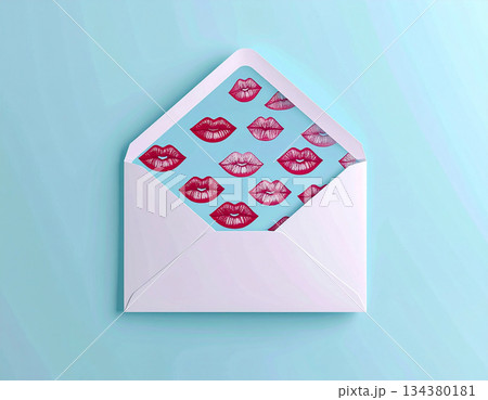 Place for text. Post envelope with cute red kisses decoration. Valentine's Day concept. 134380181