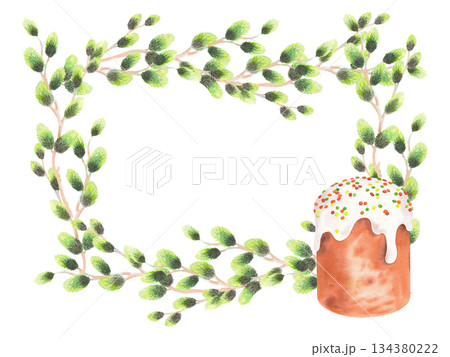 Frame of willow branches and easter cake. Watercolor illustration. For fabric, wallpaper, packing paper, greeting cards, decoration and illustration. Frame of willow branches and easter cake. Watercolor illustration. For fabric, wallpaper, packing paper, greeting cards, decoration and illustration. 134380222