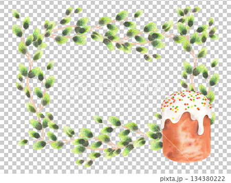 Frame of willow branches and easter cake. Watercolor illustration. For fabric, wallpaper, packing paper, greeting cards, decoration and illustration. Frame of willow branches and easter cake. Watercolor illustration. For fabric, wallpaper, packing paper, greeting cards, decoration and illustration. 134380222