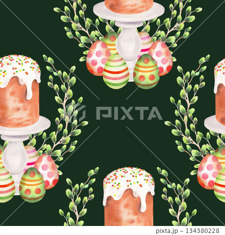 Seamless pattern of easter cake on a stand cake, willows and eggs on a green background. Watercolor illustration. For fabric, wallpaper, packing paper, greeting cards, decoration and illustration. Seamless pattern of easter cake on a stand cake, willows and eggs on a green background. Watercolor illustration. For fabric, wallpaper, packing paper, greeting cards, decoration and illustration. 134380228