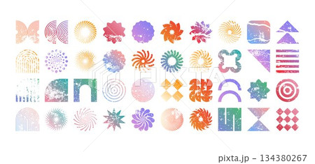 Colorful geometric shapes, modern grunge symbols. Simple primitive elements and forms, distressed details. Retro design, aged, vintage, trendy contemporary minimalist style, y2k. Vector illustration Colorful geometric shapes, modern grunge symbols. Simple primitive elements and forms, distressed details. Retro design, aged, vintage, trendy contemporary minimalist style, y2k. Vector illustration 134380267