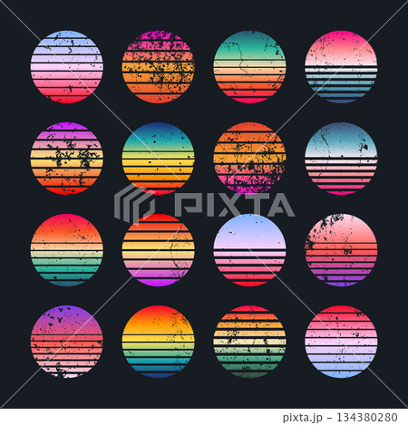Grunge vintage colorful sunset. Striped gradient sunrise badges in 80s and 90s style. Sun and ocean view, summer vibes, surfing. Design element for print, logo or t-shirt. Vector illustration 134380280