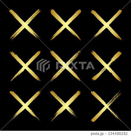 Golden grunge crosses, brush strokes, lines, ink smudges, hand-drawn scribble shapes. Handmade sketchy marks, acrylic stains, charcoal streaks. Paint textures, dry brush effect. Vector illustration 134380282