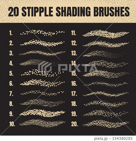 Ink scatter brush, stipple drawing and texturing. Fading gradient. Stippling, dotwork drawing, shading using dots. Halftone disintegration effect. White noise grainy texture. Vector illustration 134380285