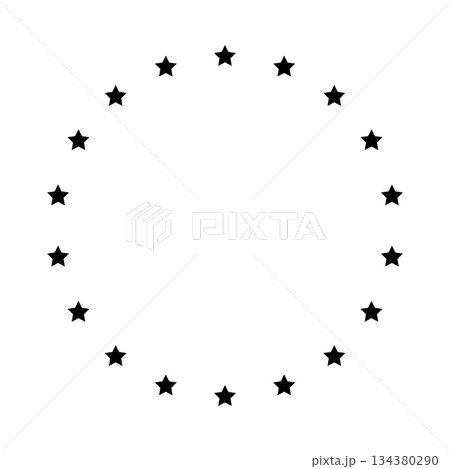 Stars of various sizes arranged in a circle. Round frame, border. Black star outline, simple symbol. Design element, ornament. Line art. Vector illustration 134380290