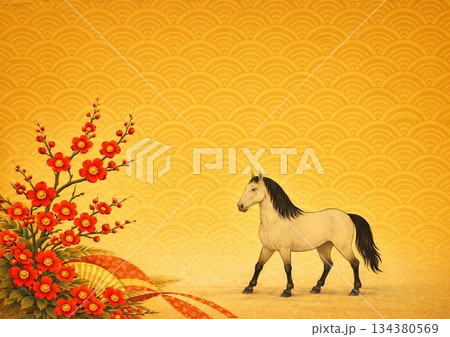 伝統文様の青海波に馬と赤い梅 134380569