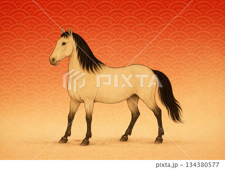 赤い青海波文様に馬 134380577