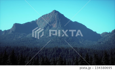 A majestic mountain peak towers over a dense forest of evergreen trees under a clear blue sky. The sunlight illuminates the rocky summit, creating a breathtaking scene. 134380695