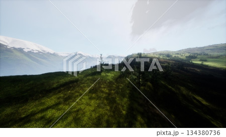 Vast green hills stretch under a bright sky, where distant snowy mountains rise majestically. Shadows dance across the terrain, creating a serene and captivating view. 134380736