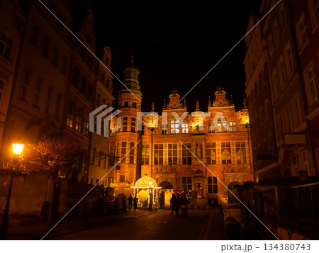 Lights and decorations in a town square during the night Lights and decorations in a town square during the night 134380743