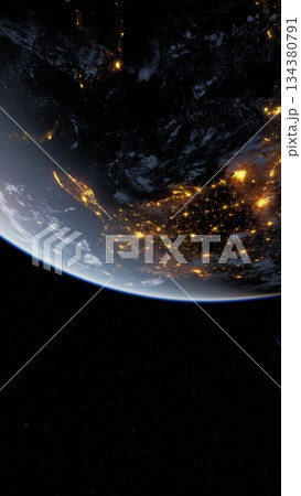 A stunning view of Earth from space highlighting bright city lights across the landscape against the backdrop of the deep black universe. The beauty of our planet shines vividly at night. A stunning view of Earth from space highlighting bright city lights across the landscape against the backdrop of the deep black universe. The beauty of our planet shines vividly at night. 134380791