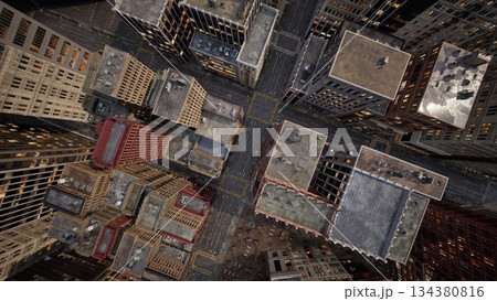 Above the bustling urban landscape, a captivating view showcases a network of streets lined with tall buildings. The scene buzzes with life as tiny figures move through the city. Above the bustling urban landscape, a captivating view showcases a network of streets lined with tall buildings. The scene buzzes with life as tiny figures move through the city. 134380816