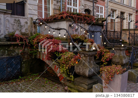Vines grow on a stone wall with lights at an old building in fall season Vines grow on a stone wall with lights at an old building in fall season 134380817