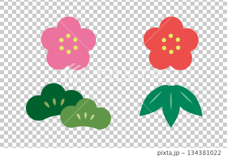 Plum and pine leaf illustration set 134381022