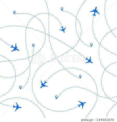 Seamless Pattern Airplanes Routes 134381070