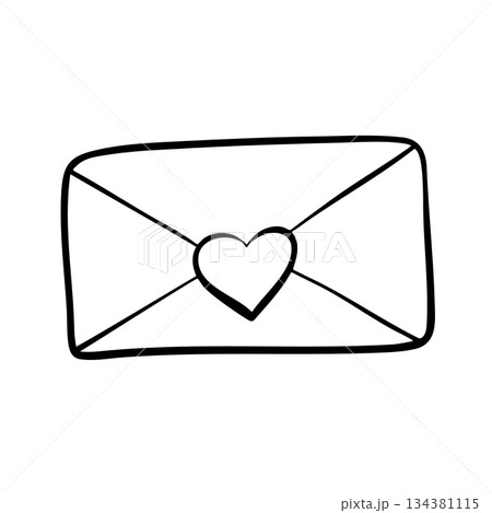 Hand-drawn paper envelope with a heart. Sending a parcel with a postcard. Outline doodle illustration of a letter. Hand-drawn paper envelope with a heart. Sending a parcel with a postcard. Outline doodle illustration of a letter. 134381115