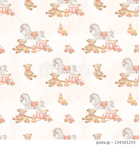 Seamless pattern with vintage teddy bear, drum and horse, hand drawn watercolour illustrations isolated on white background for nursery or textile 134381255