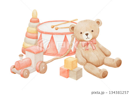 Vintage train, teddy bear, drum and trumpet, hand drawn watercolor illustration isolated on white 134381257