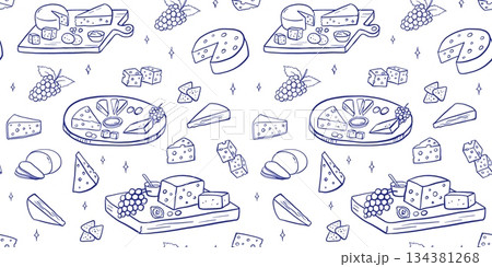Seamless pattern with cheese platter in doodle style with various gourmet pieces. Line art illustrations, camembert, cheddar, grapes on charcuterie board. 134381268