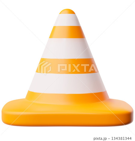 Traffic cone barrier 3D vector icon, orange with white stripes road traffic cone, realistic repair tool, caution sign 134381344