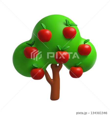 Green tree with apples 3D realistic vector illustration, apple tree farm plant with sweet red fruits, garden game asset 134381346