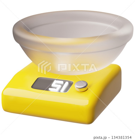 Electronic kitchen scales 3D vector icon, food weighing scale measurement tool with digital display, kitchen appliance 134381354