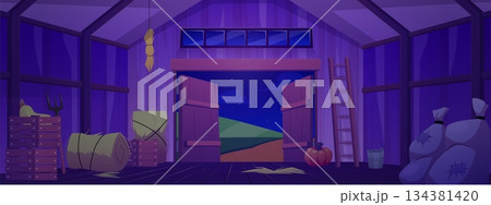 The interior of an old wooden barn at night, with hay, ladder, bucket, boxes, and vegetables. The interior of an old wooden barn at night, with hay, ladder, bucket, boxes, and vegetables. 134381420