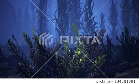 In a peaceful underwater setting, lush sea plants sway gently in the water, illuminated by soft beams of light. The tranquil blue hues create a serene atmosphere. In a peaceful underwater setting, lush sea plants sway gently in the water, illuminated by soft beams of light. The tranquil blue hues create a serene atmosphere. 134381691