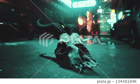 A goat skull with curved horns lies on a wet street in a vibrant urban alley. Neon lights illuminate the surroundings, creating a surreal atmosphere in the city at night. A goat skull with curved horns lies on a wet street in a vibrant urban alley. Neon lights illuminate the surroundings, creating a surreal atmosphere in the city at night. 134381846