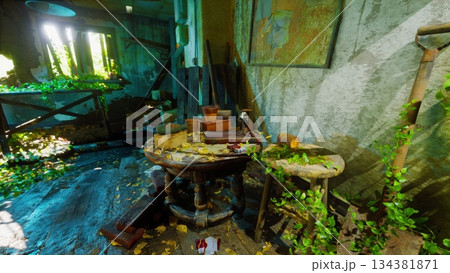 In a forgotten space, a rustic table is overrun by plants and leaves, revealing the passage of time. Sunlight filters through cracked walls, creating a serene yet eerie atmosphere. In a forgotten space, a rustic table is overrun by plants and leaves, revealing the passage of time. Sunlight filters through cracked walls, creating a serene yet eerie atmosphere. 134381871