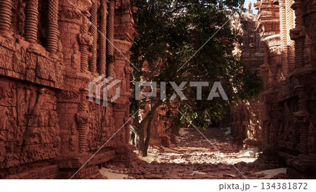 Exploring a serene pathway between towering stone walls adorned with detailed carvings. Exploring a serene pathway between towering stone walls adorned with detailed carvings. 134381872