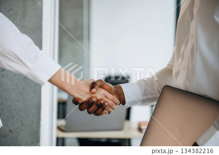 Handshake, made a deal. Two business people are working together in the office Handshake, made a deal. Two business people are working together in the office 134382216
