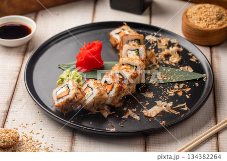 Bonito sushi rolls with tuna flakes 134382264