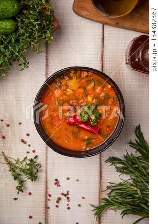 Traditional Georgian kharcho soup with beef Traditional Georgian kharcho soup with beef 134382367