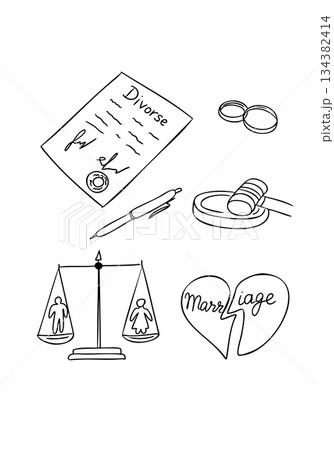 Hand drawn divorce legal concept doodle set with document ring gavel scale and broken heart isolated on white background in vector style. Concept of marriage separation, family law process Hand drawn divorce legal concept doodle set with document ring gavel scale and broken heart isolated on white background in vector style. Concept of marriage separation, family law process 134382414