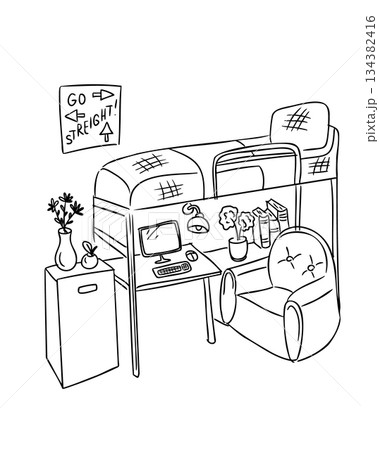 Hand drawn cozy home office interior with desk computer armchair books and decor isolated on white background in vector style. Concept of remote work, study space and workspace organization Hand drawn cozy home office interior with desk computer armchair books and decor isolated on white background in vector style. Concept of remote work, study space and workspace organization 134382416