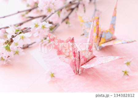 千代紙の折り鶴と啓翁桜 134382812