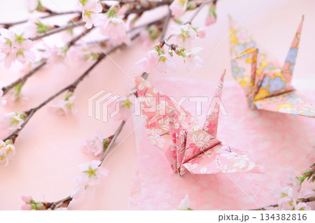 千代紙の折り鶴と啓翁桜 134382816