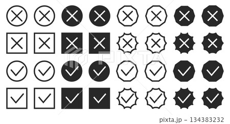 Black cross and checkmark icons for voting or answer selection 134383232