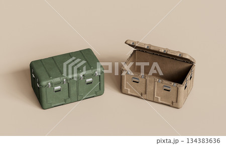 Rugged Storage Crates for Military, Outdoor and Industrial Use. 3D Rendering. 134383636