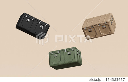 Rugged Storage Crates for Military, Outdoor and Industrial Use. 3D Rendering. 134383637