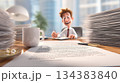Animated Man Enthusiastically Tackles Overwhelming Office Paperwork 134383840