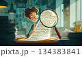 Young Detective's Discovery: Boy Magnifies Text in Cozy Study 134383841