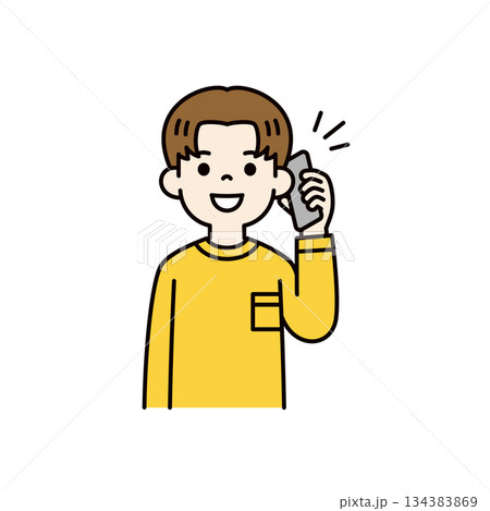 スマートフォンで通話する・話す、若い男性・男子学生の上半身ベクターイラスト素材_カラー スマートフォンで通話する・話す、若い男性・男子学生の上半身ベクターイラスト素材_カラー 134383869