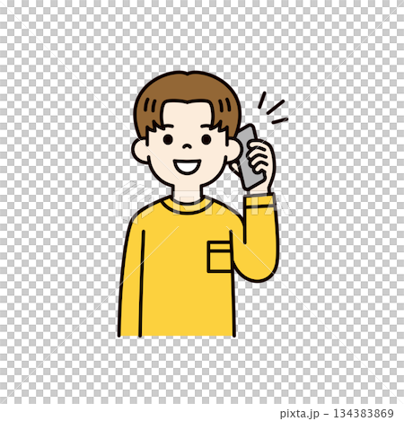 正在使用智慧型手機通話的年輕男子或男學生的上半身向量插圖（彩色） 134383869