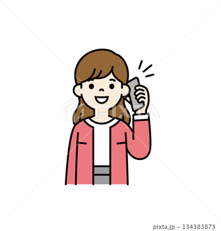 スマートフォンで通話する・話す、若い女性・主婦・ママの上半身ベクターイラスト素材＿カラー 134383873