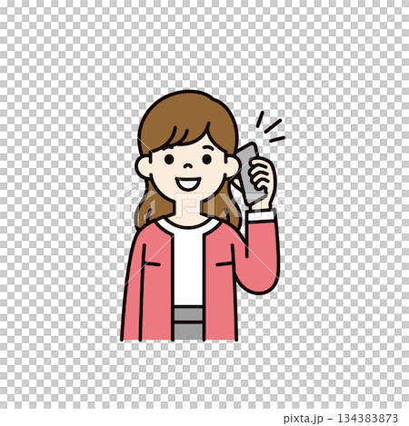 スマートフォンで通話する・話す、若い女性・主婦・ママの上半身ベクターイラスト素材＿カラー 134383873